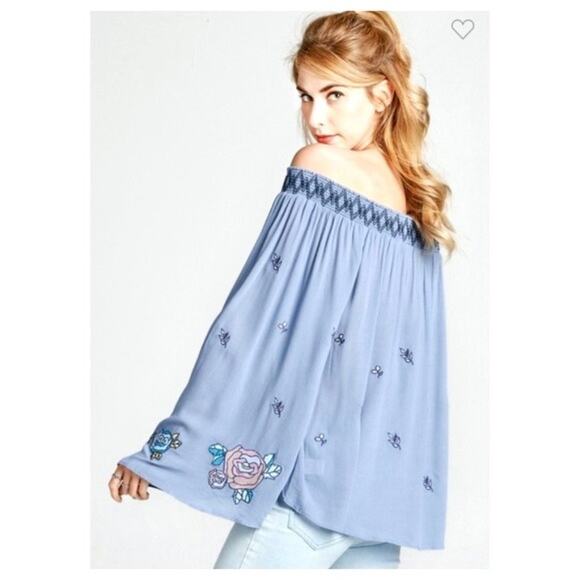 Women's Blue Peasant Elasticized Off the Shoulder Bell Sleeve Blouse - Picture 5 of 7